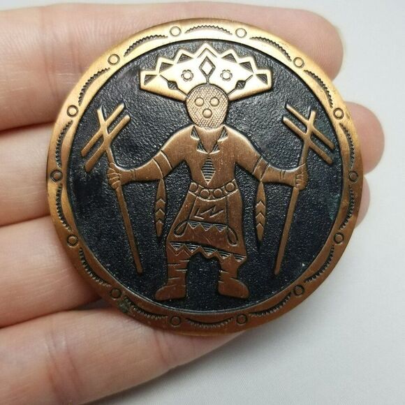 Vintage Copper Kachina Dancer Brooch Native American Figure Katsina Spirit Pin - Picture 2 of 6